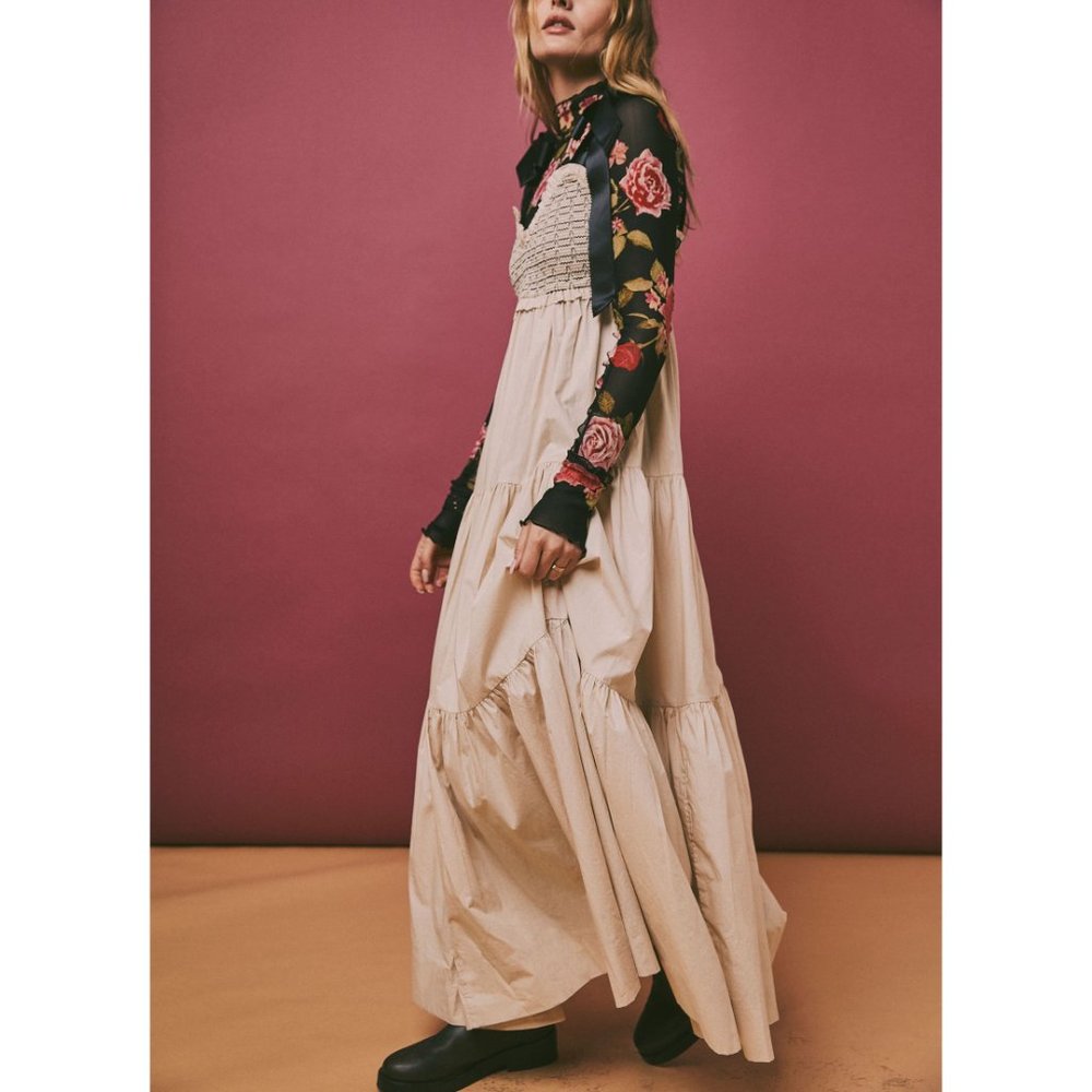 Free People Cream Tiered Maxi Dress with Black Tie Straps - Picture 5 of 13